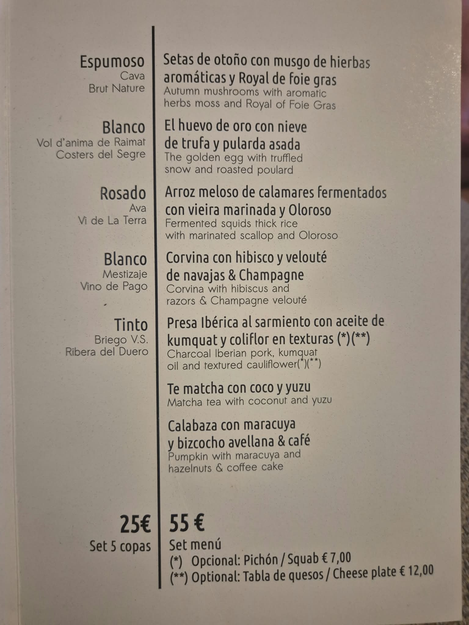 Adrián Quetglas menu and wine pairing