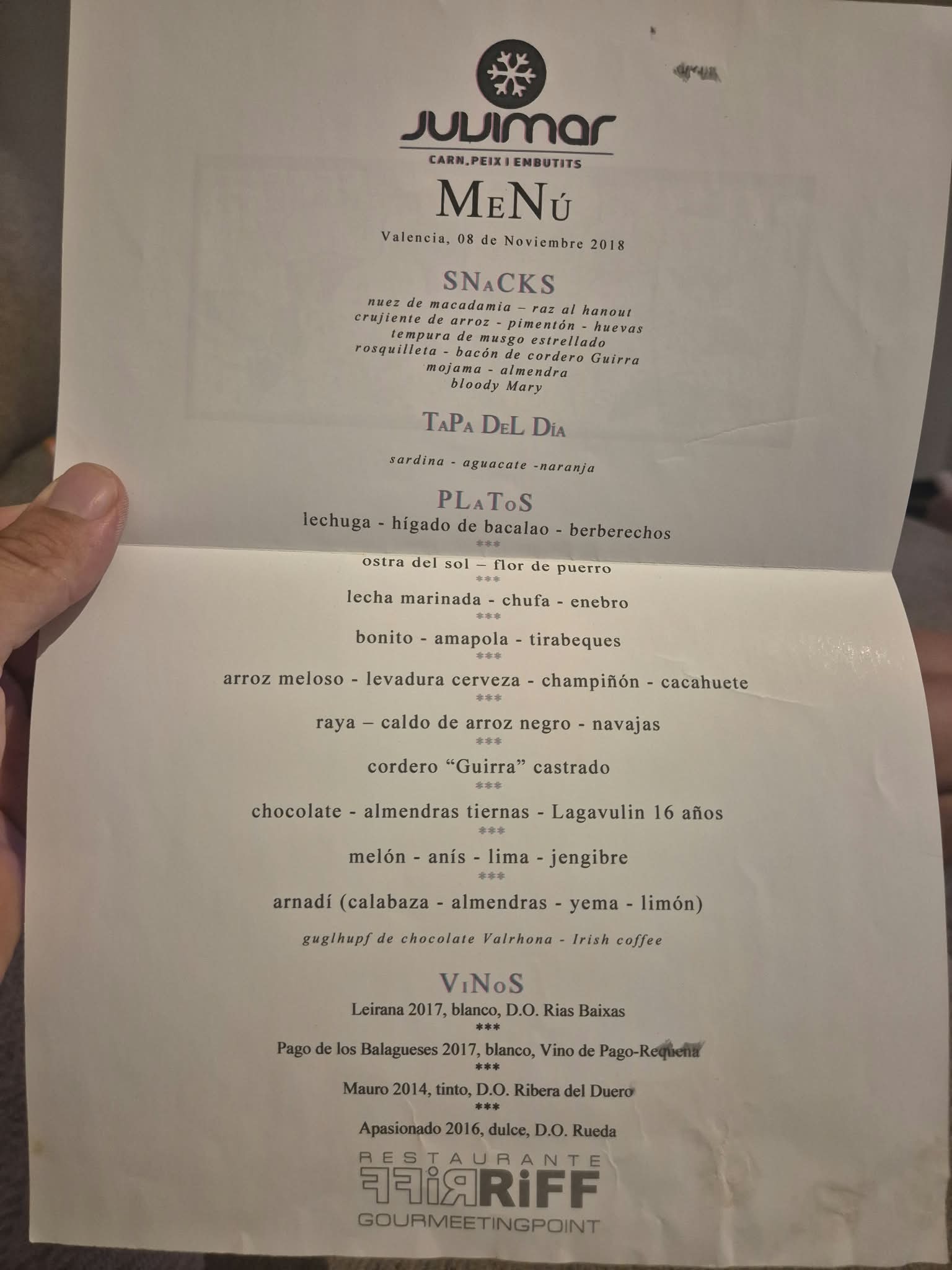 Riff Juvimar menu dated 8 November 2018