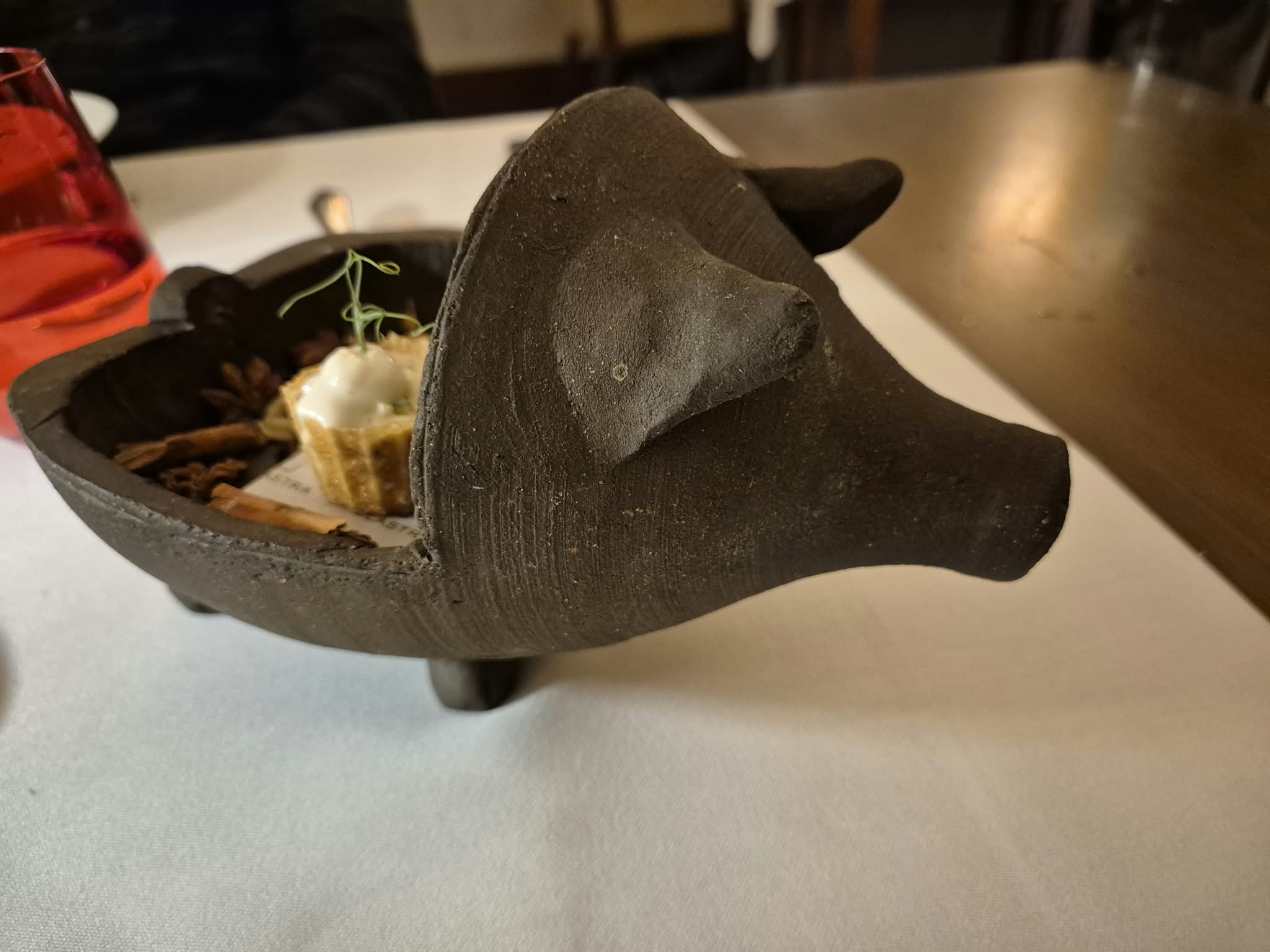 Course served in a pig-shaped vessel
