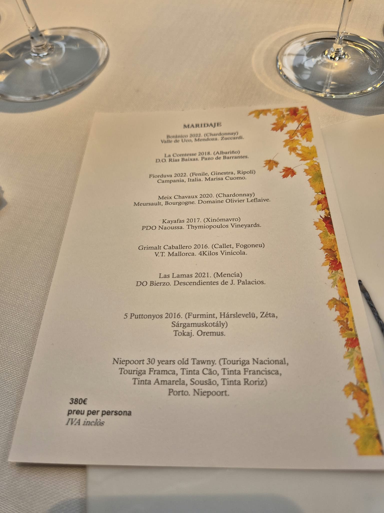 Wine pairing menu